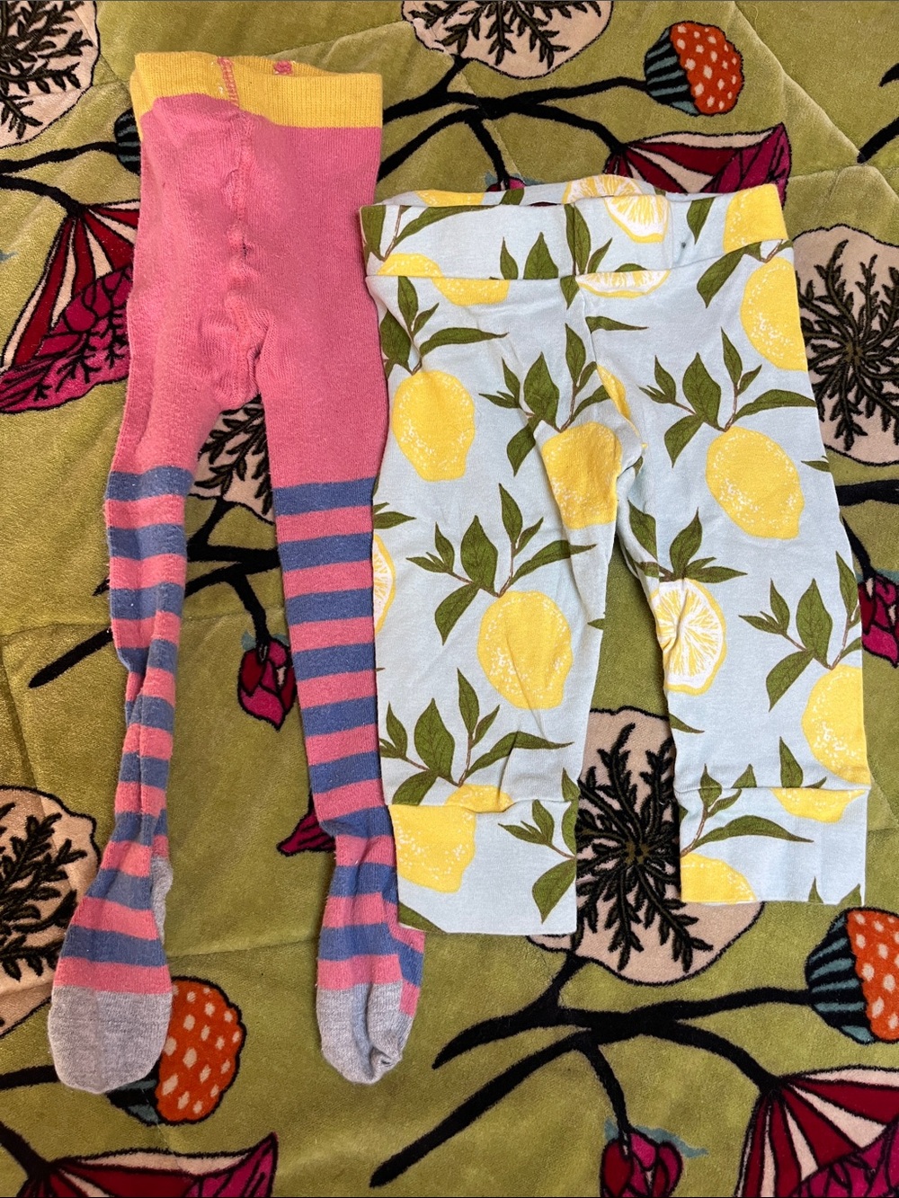 Baby Boden Pink Striped Tights & Milkbarn Blue Lemon Print Leggings lot Sz 6-12